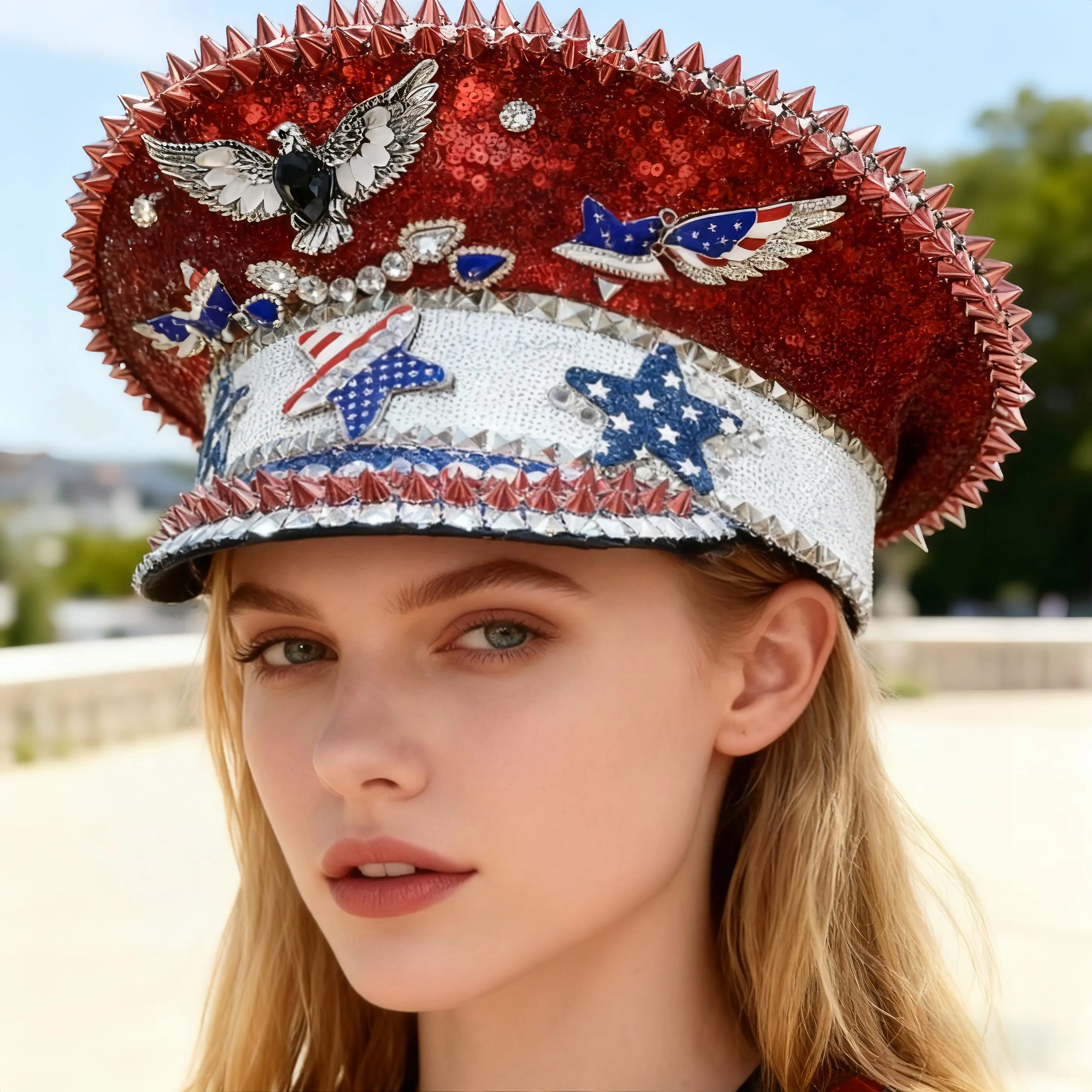 ホンルアン独立記念日スチームパンクキャプテンハットラインストーン、バーニングマンフェスティバル女性用、ミリタリーアクセサリー＆ミリタリーキャップ