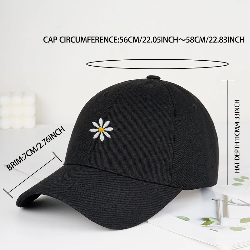 Cute Daisy Embroidered Soft-Peak Baseball Cap: Adjustable, Everyday, Girly-Style Hat Perfect for Camping, Vacations, and Travel