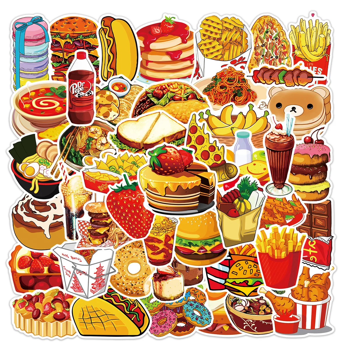 50PCS Delicious Food Drink Stickers Cute Cartoon Graffiti Decals DIY Phone Motorcycle Stationery Fridge Car Wall Sticker