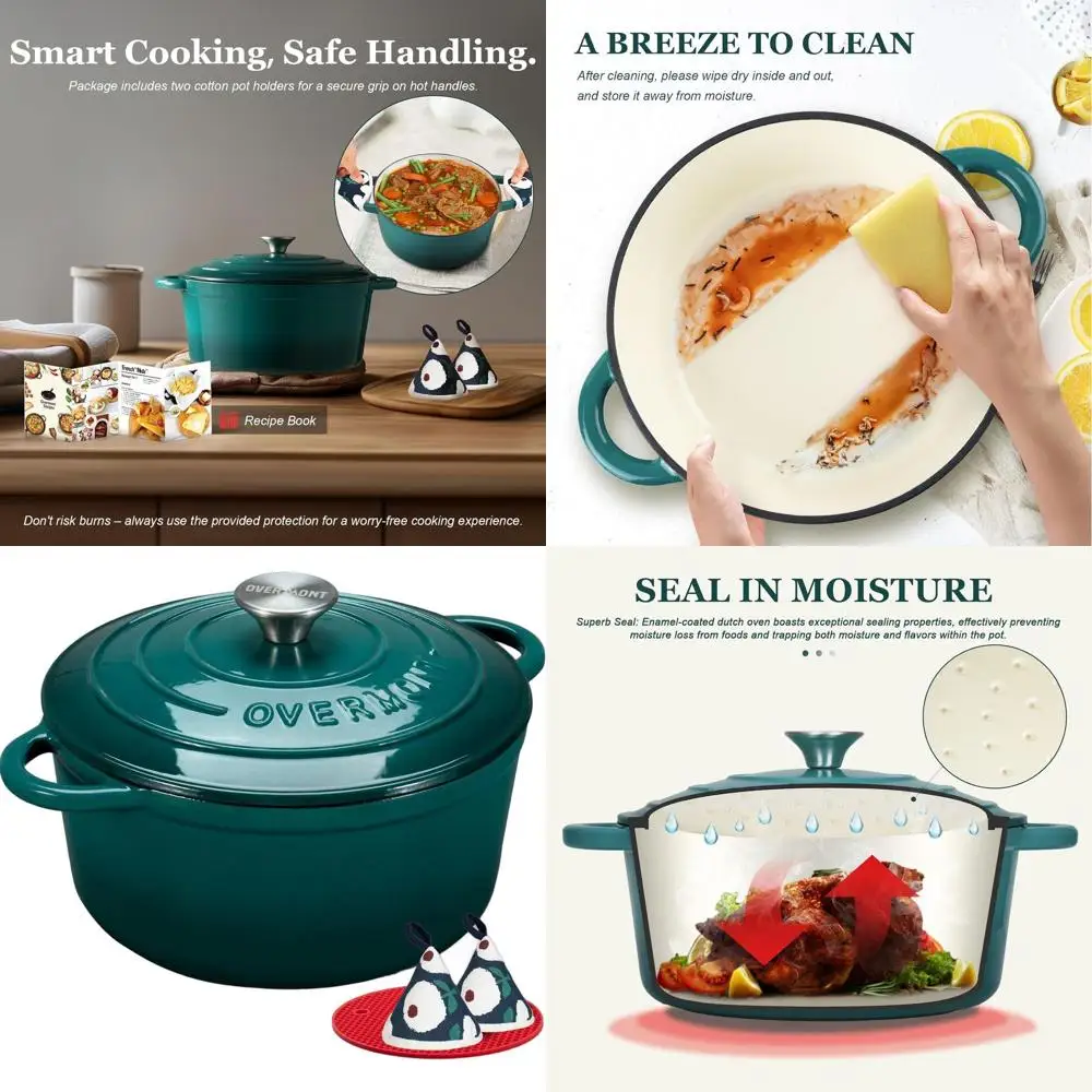 

5.5-Quart Enamel Dutch Oven with Lid and Cotton Potholders - Durable Cookware for Braising, Stews, Roasting, and Baking in Bottl
