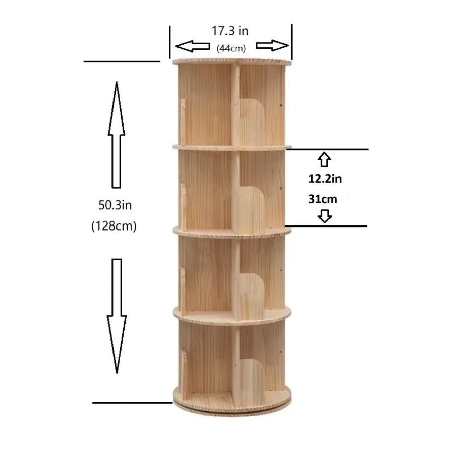 Rotating Wooden Bookshelf 360 Display 4 Tier Floor Standing Bookcase Storage Rack for KidsampAdults Solid Wood Bookshelf Organiz
