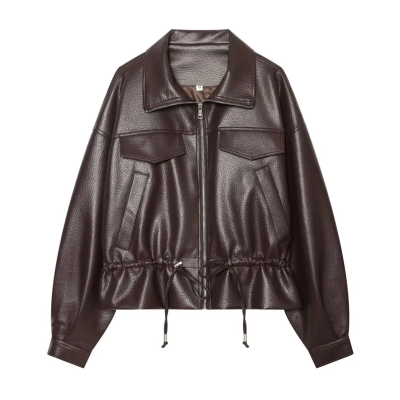 Aliexpress Women's Faux Leather Jackets Autumn Winter Casual Long Sleeve Zipper Drawstring Coats Fashion Female Loose Streetwear Chic Tops - Aliexpress Deal