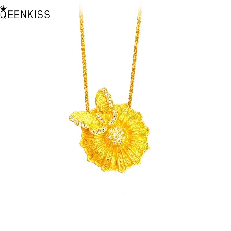 

QEENKISS 24KT Gold Sun Flower Butterfly Necklace Pendants For Women Wedding Party Birthday Christmas Bride Mother Gifts PT5231