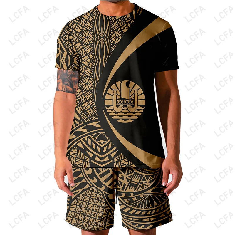 Polynesia Tattoo T-shirt Set Shorts Men 3D Print 2 Piece Set Summer Sportwear Suit Dropshiping Store Maple Clothes Wholesale 4XL