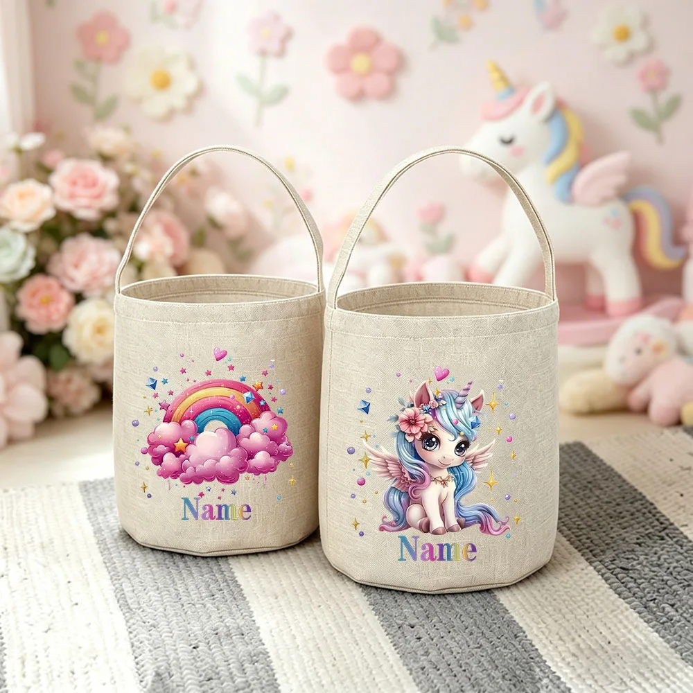 Personalized Cute Unicorn Patterned Kids Storage Basket Large Capacity Storage Bag Customizable Name Children Tote Bags