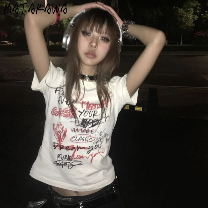 

Matakawa Y2k одежда футболка с граффити для женщин с принтом Harajuku летняя одежда Ropa De Mujer гранж модная сексуальная винтажная футболка
