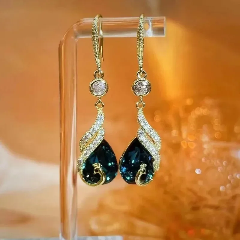 Conjuntos de jóias de luxo elegante azul pavão cristal longo borla brincos para mulher personalidade vintage balançar brincos colar