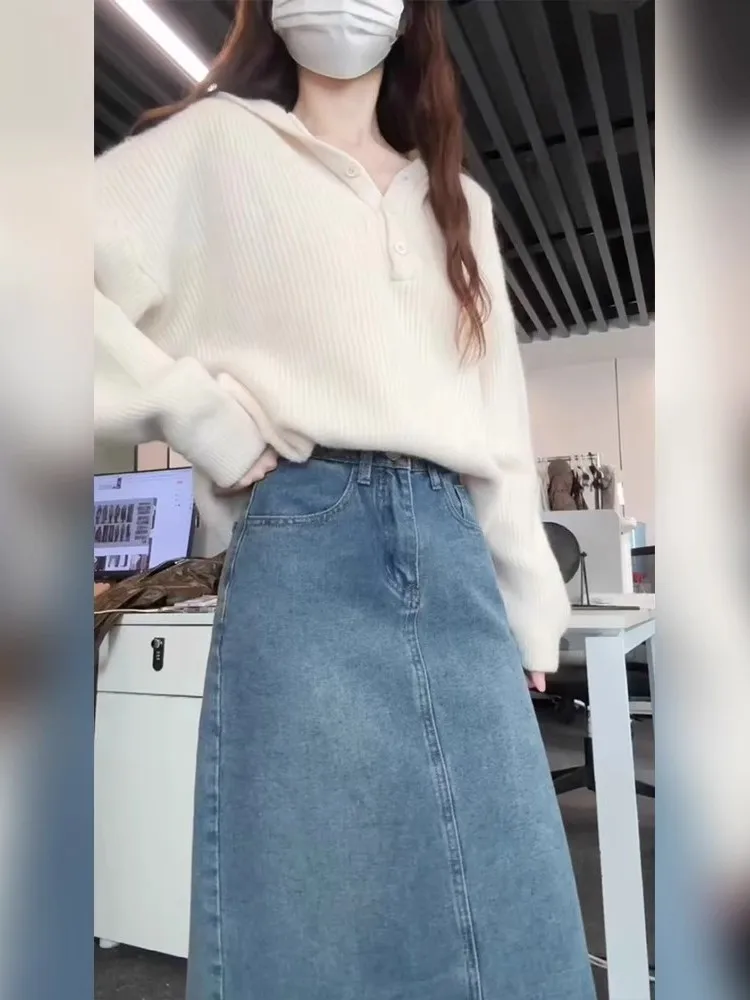 سترة نسائية محبوكة باللون الأزرق irt كسول Sle سترة نسائية ناعمة ومريحة لخريف 2025 سترة كورية جديدة دافئة حرارية طويلة بقلنسوة