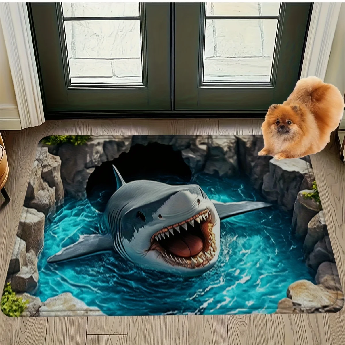 Shark 3D Printed Flannel Rug Ocean Cave Design Indoor Floor Mat Marine Animal Theme Home Decor Living Room Entrance Art Pet