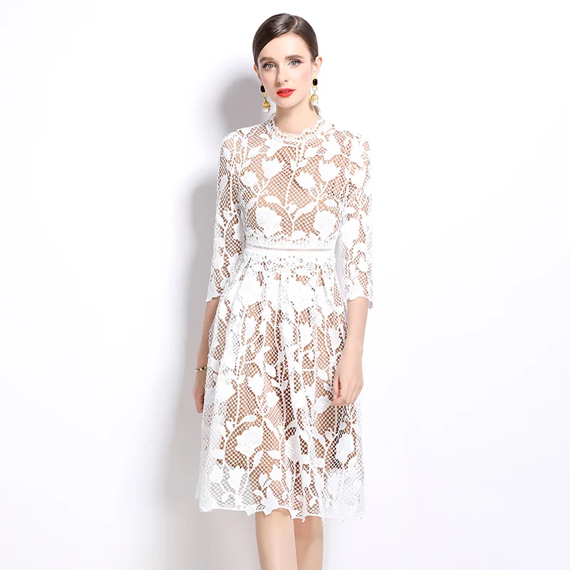 

Французские романтические полые кружевные платья с цветочным крючком, женские осенние элегантные туники, тонкое платье миди, легкое роскошное красивое праздничное платье