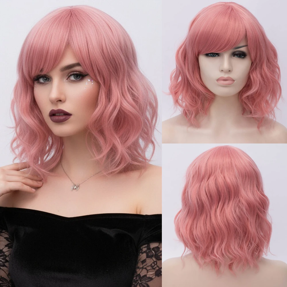

Heat Resistant Synthetic Wig Pink Women’s Short Wavy Style with Side Bang for Cosplay Halloween Party