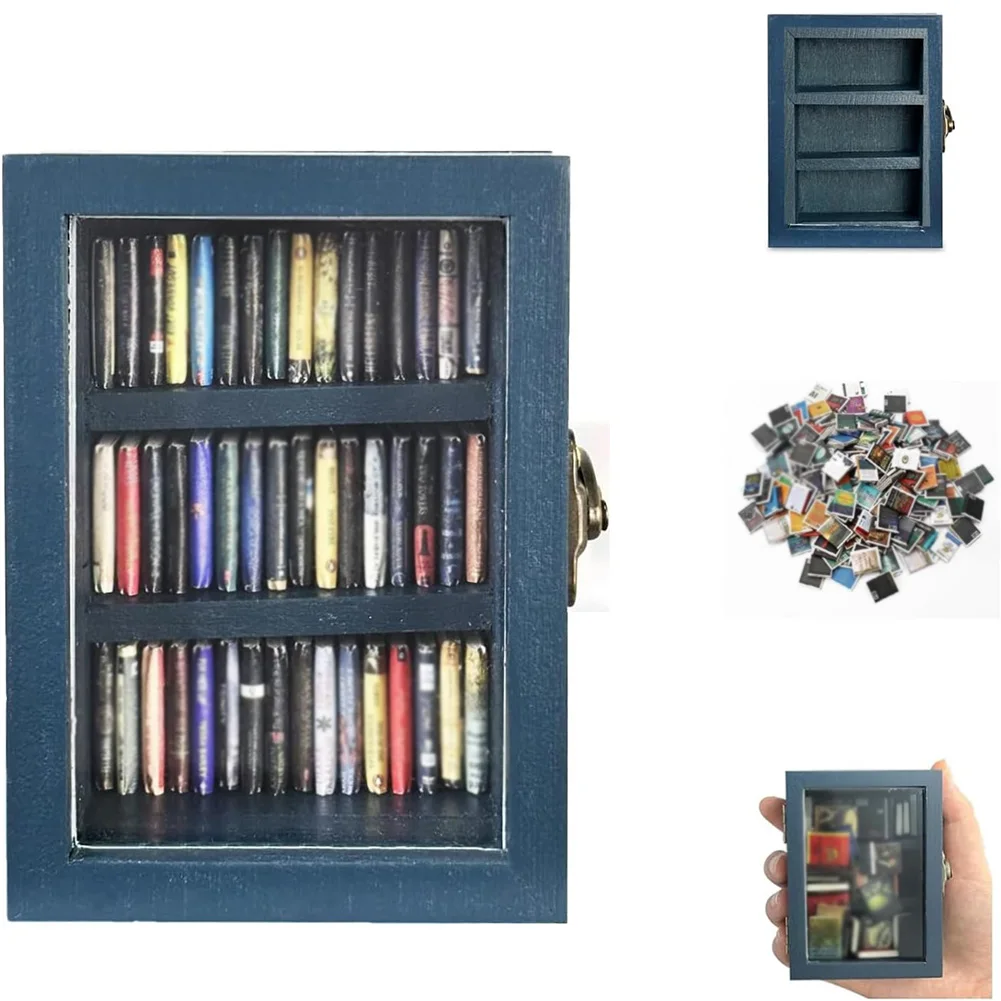 

1/2 Set Mini Bookshelf Miniature Book Kit Library Anty-anxiety Bookshelf with 60Books Wooden Book Pocket Bookshelf Home Decor