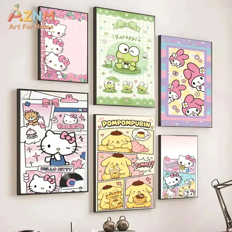 Cute Sanrio Characters Wall Poster,Hello Kitty Keroppi Pom Pom Purin Kawaii Canvas Print,Unframed Wall Art for Girls Bedroom