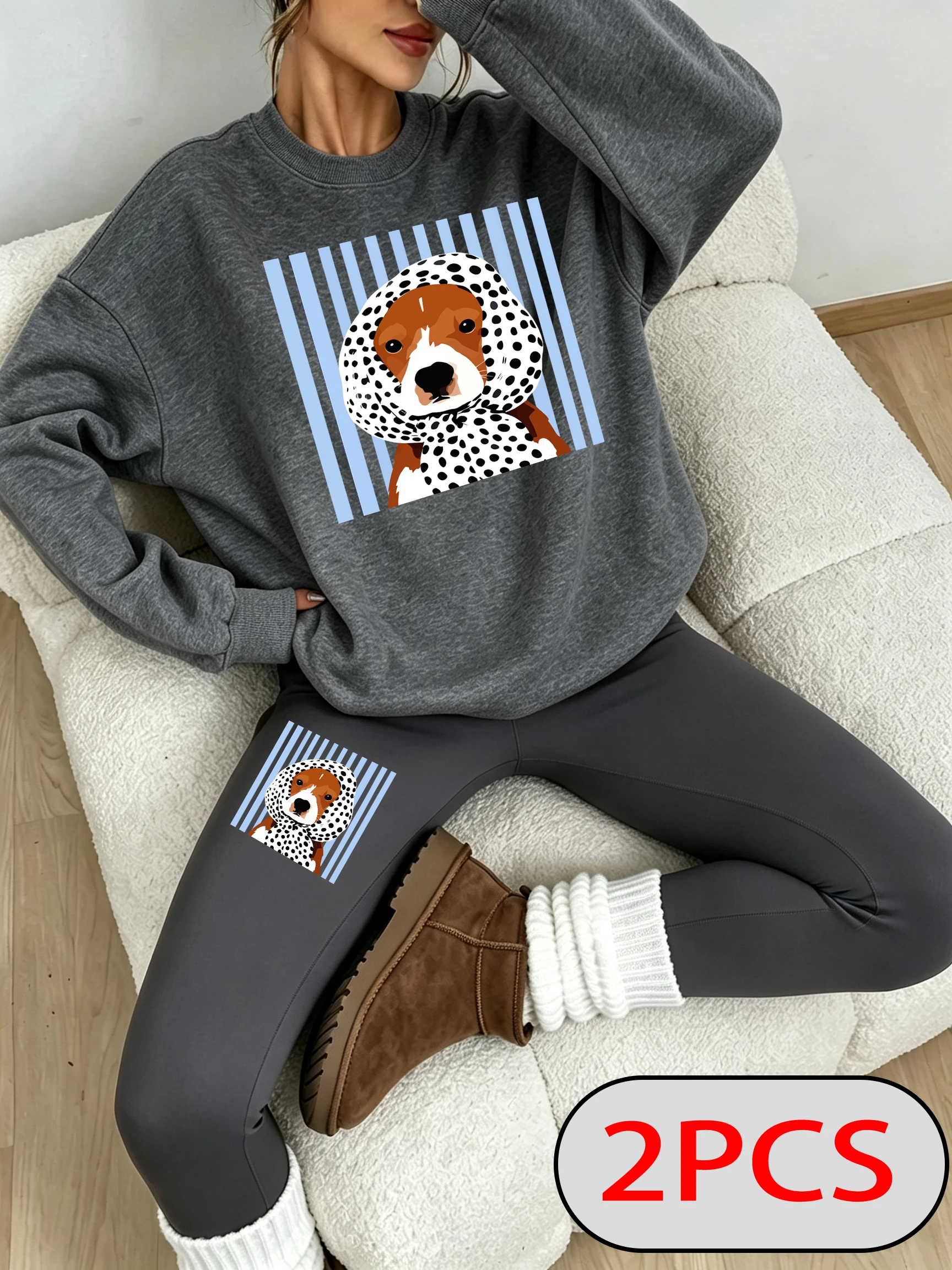 Blue Striped Headscarf Dog Print Sweatshirt Set Women'S Y2K O-Neck Pullover Autumn Korean Streetwear Thicken Fleece Leggings - view 2