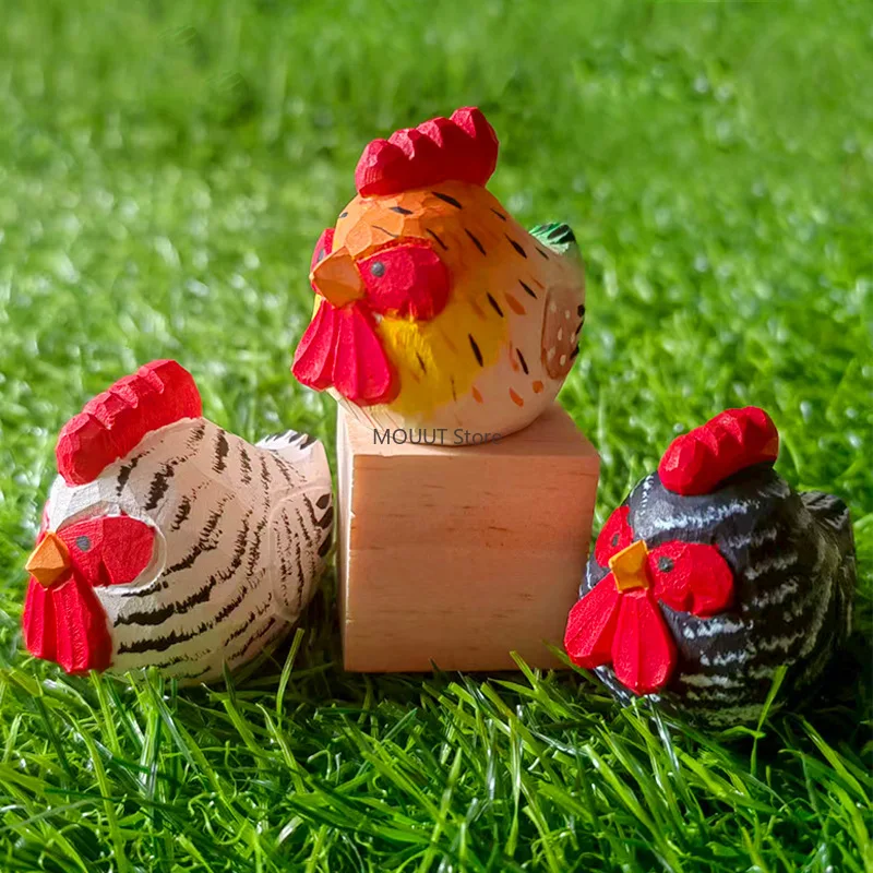 Red-crowned cute chicken Hand-carved solid wood handicrafts room desk decorative figurine Birthday gift for friend