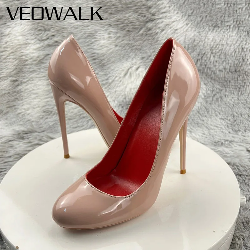 

Женские туфли-лодочки на шпильке Veowalk, глянцевые, бежевые, телесные, с круглым носком, элегантные свадебные туфли без шнуровки, на высоком каблуке 12 см, 10 см