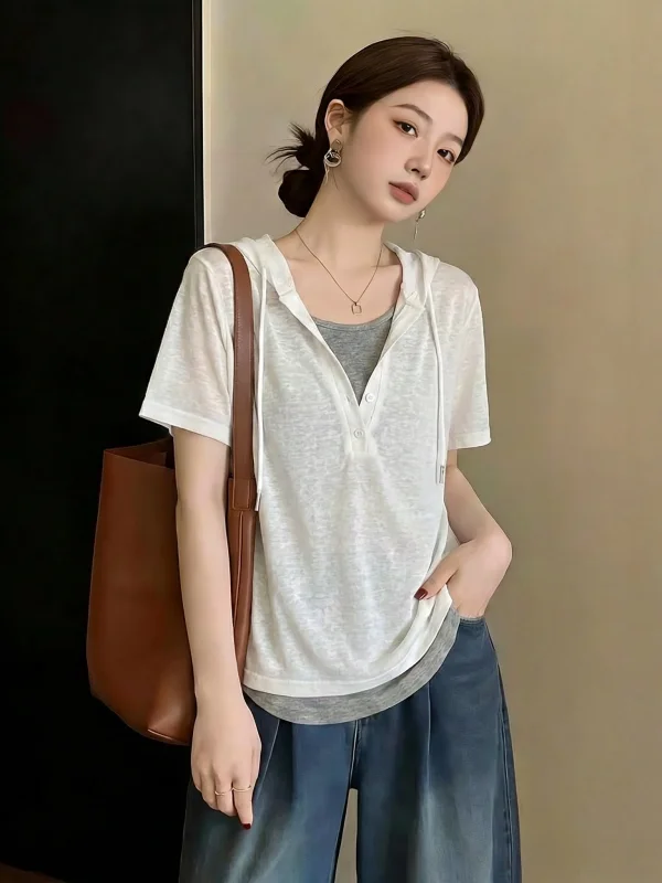 Hooded Sweatshirt Short Sleeve Thin Bamboo Cotton T-Shirt Women Summer New Style plus Size Loose Fit Korean Style Top