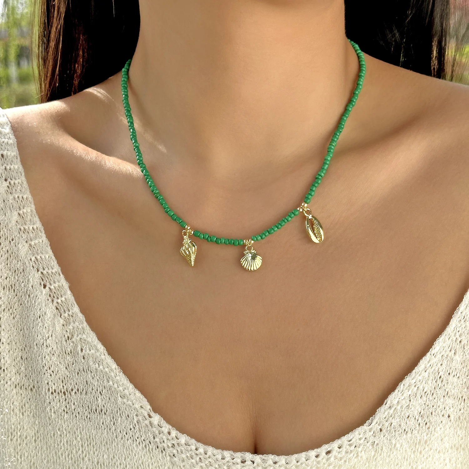 Summer Minimalist Rice Beads Chain Necklace for Women Fashion Gold Color Shell Starfish Pendant Necklace Jewelry Accessory