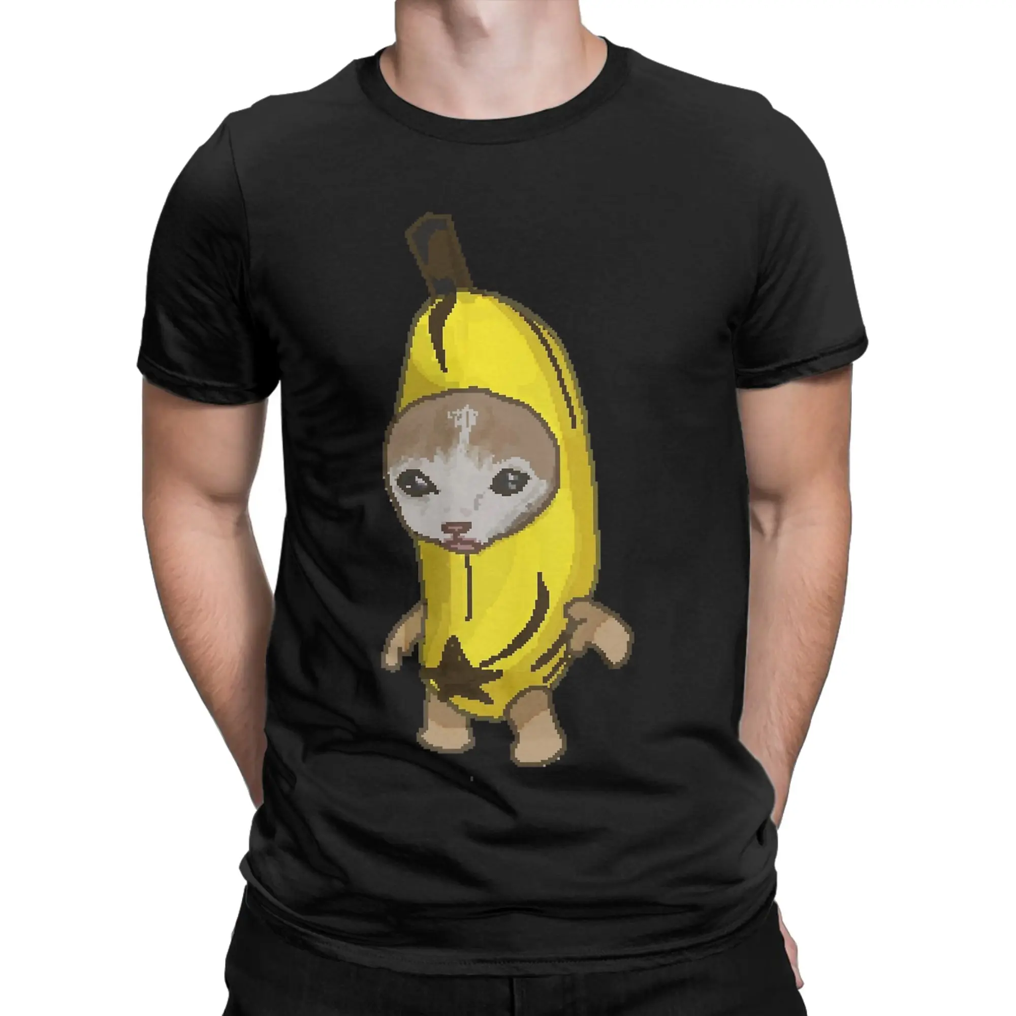 Banana Cat Meme Pixel Art Tshirts Men Cotton Tops Shirts Priting  Round Neck Short Sleeve