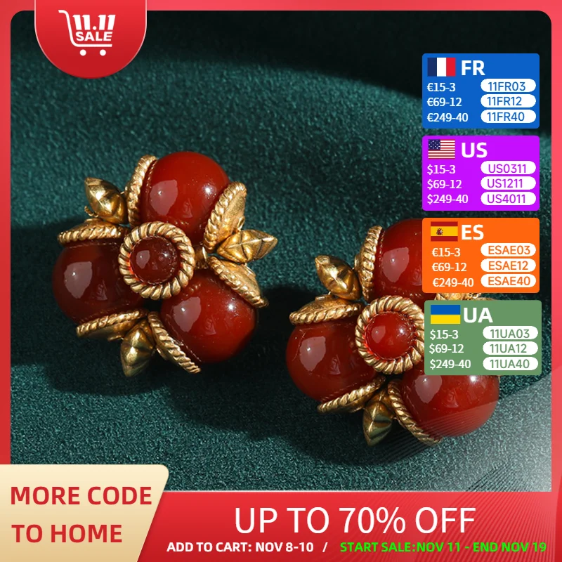 

Vintage Three Red Glazed Studs Earrings Antique Gold Color Leaf Natural Stone High Quality Valentine Day Luxury Quality Jewelry