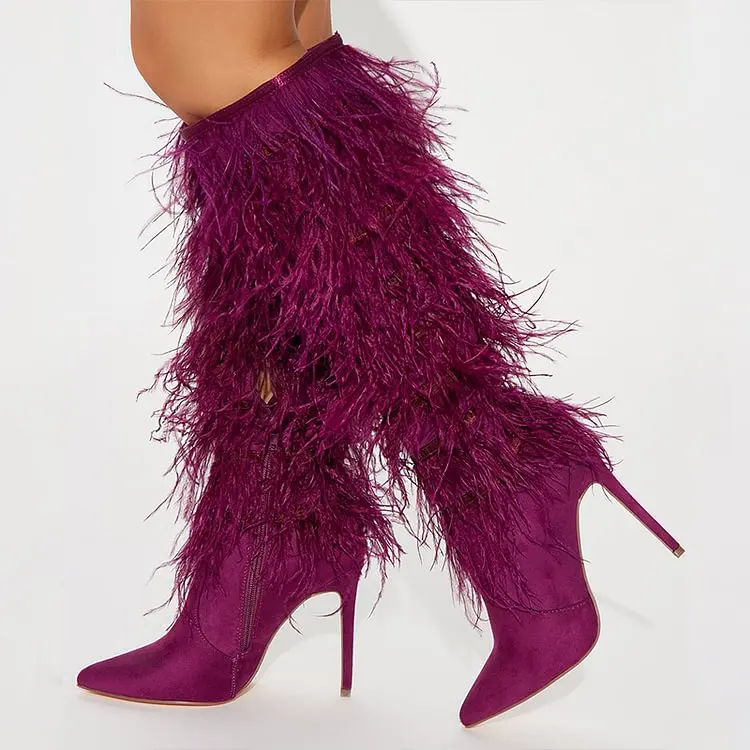 

Plum Faux Ostrich Feather Pointed Toe Stiletto Heel Knee-High Boots Fashion Cool Girl Autumn Casual Shoes Sexy New Arrival