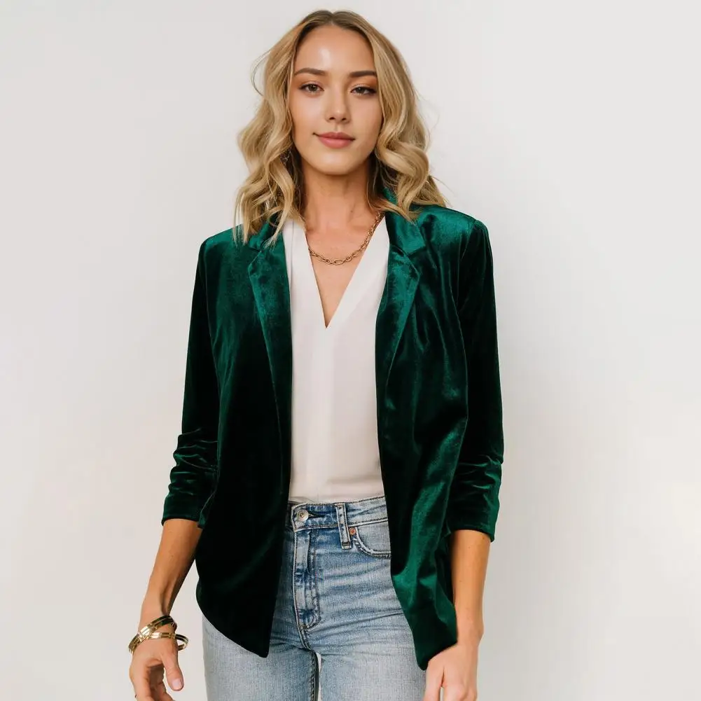 Women's Short Blazer Spring And Autumn Golden Velvet Slanted Pocket Flip Collar Small Suit Coat Women's Velvet Blazer Jacket 80%