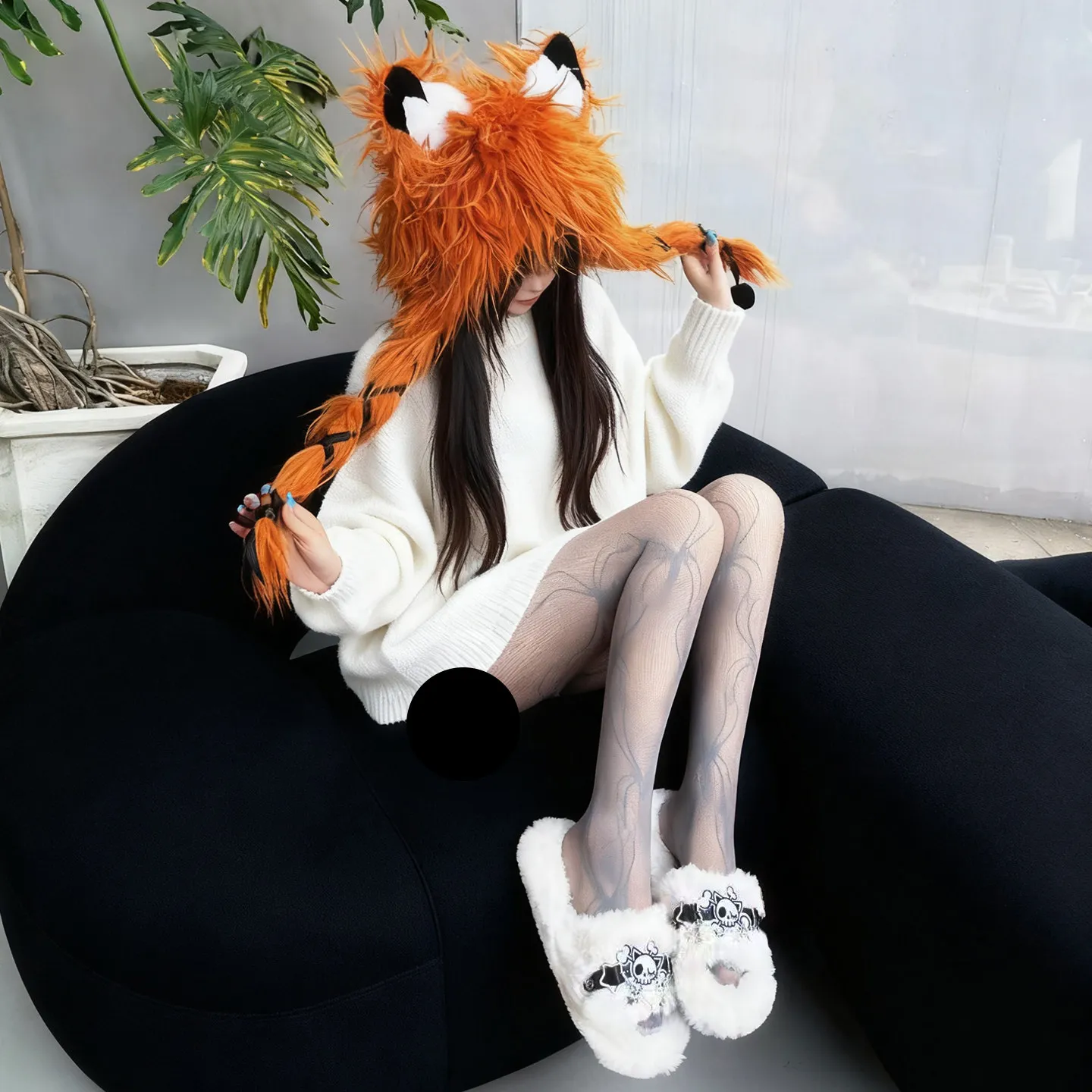 Cartoon Cat Ear Skull Gothic Style Y2K Sweet Cool Flat Bottom One-Word Support Millennium Spice Girls  Winter Fluffy Slippers