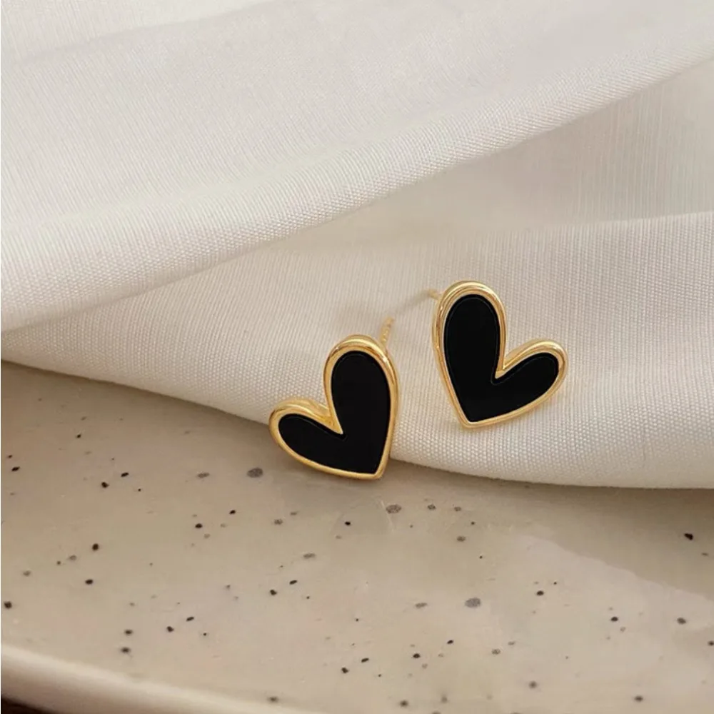 Cute Korean Earrings Heart Bling Zircon Vintage Dark Blue Versatile Gold Color Earring for Women Fashion Jewelry Gift Серьги