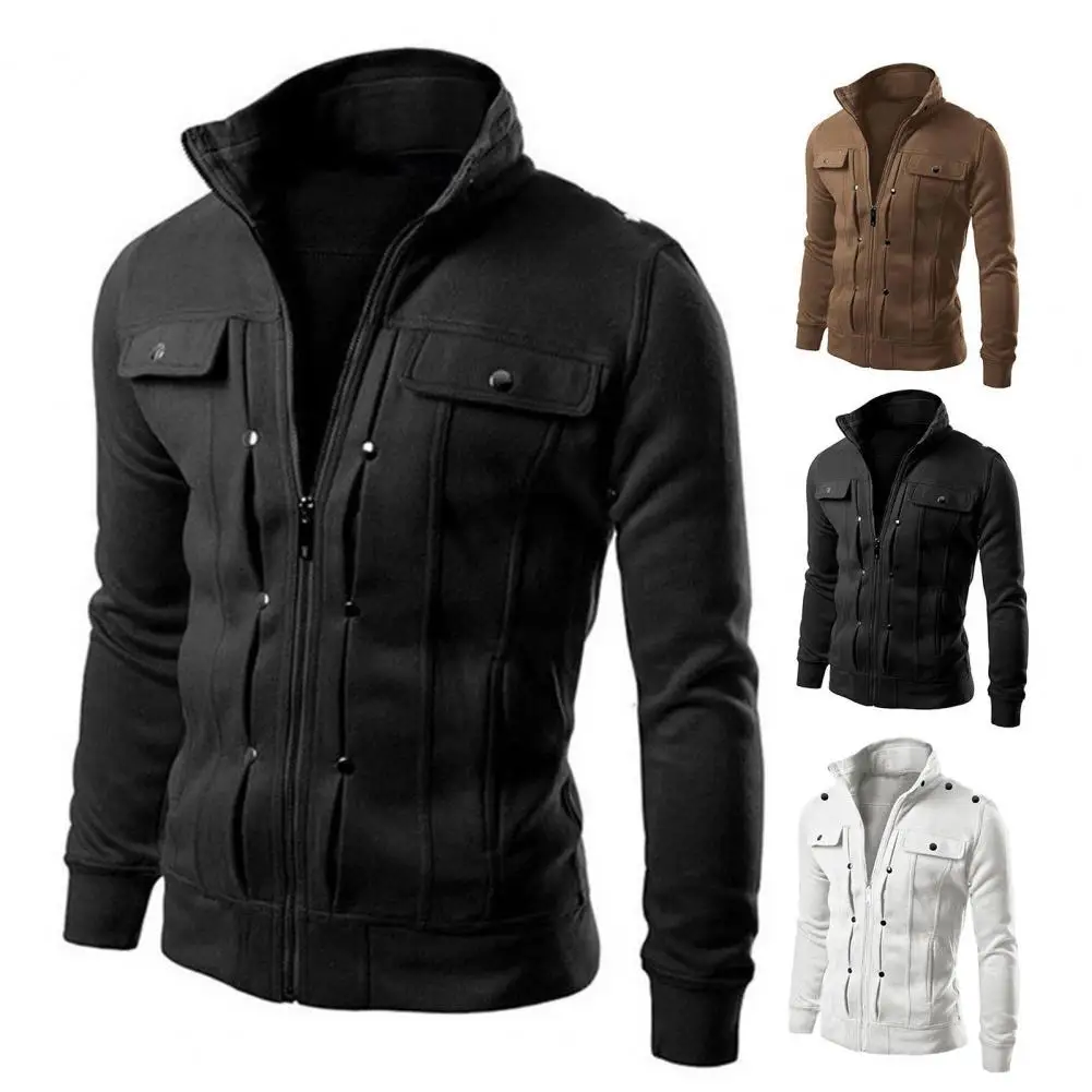 Prendas de Vestir exteriores elegantes para hombre, chaqueta informal con cuello levantado, cierre de cremallera, Color sólido, largo, primavera y