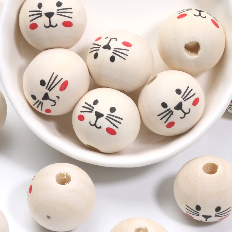 Round Balls Cartoon Cute Cat Pattern Wooden Beads 20mm 10pcs Wood Color Spacer Beads For Jewelry Making DIY Toy Gift Accessories