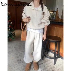 Korean Chic Lambswool 2024 Sets Drawstring Laple Long Sleeve Hoodie + Vintage Simple High Waist Pants Autumn New Women Suit