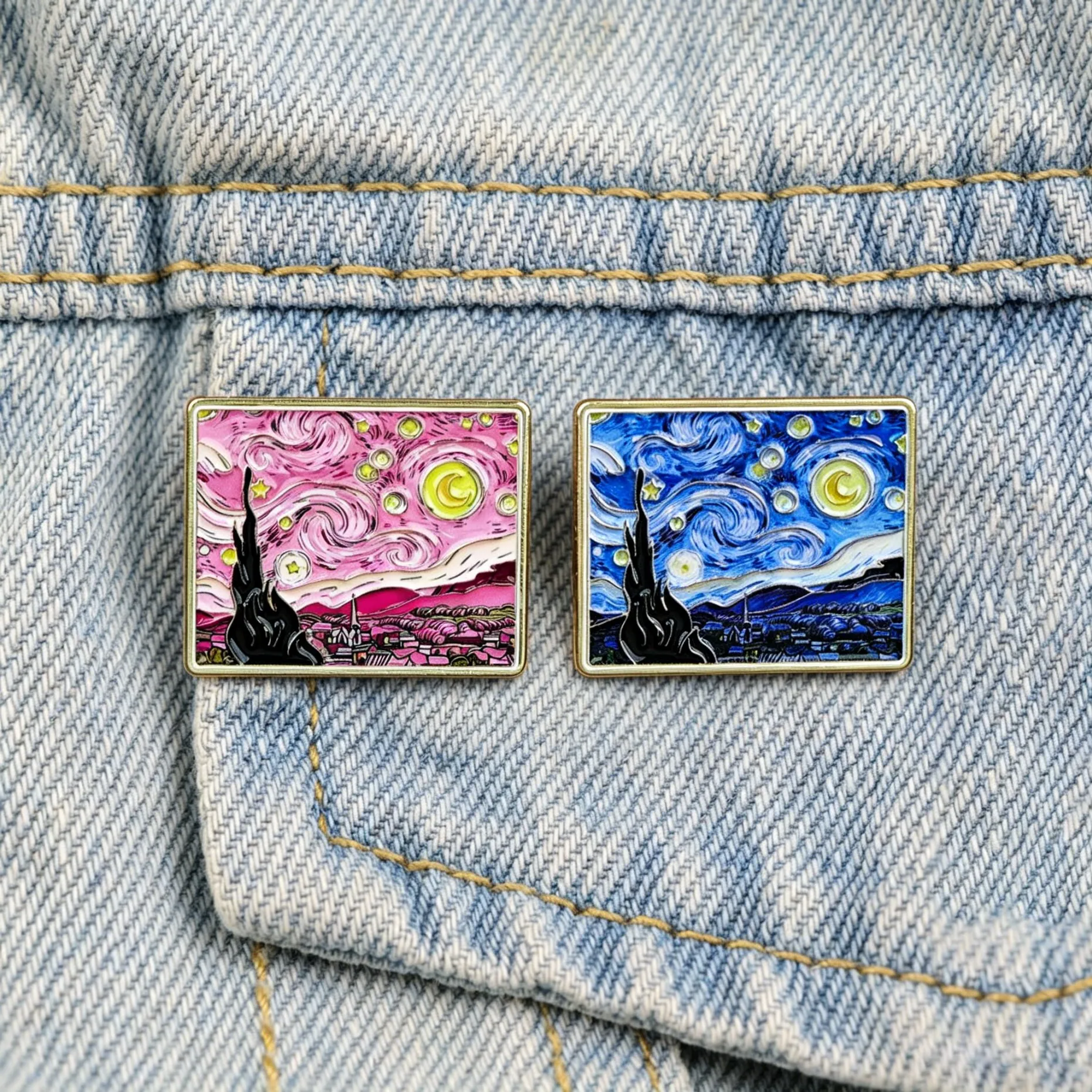 Van Gogh Starry Night Enamel Pins Pink Blue Starry Sky Art Painting Brooches For Women Men Art Jewelry Accessories Gift