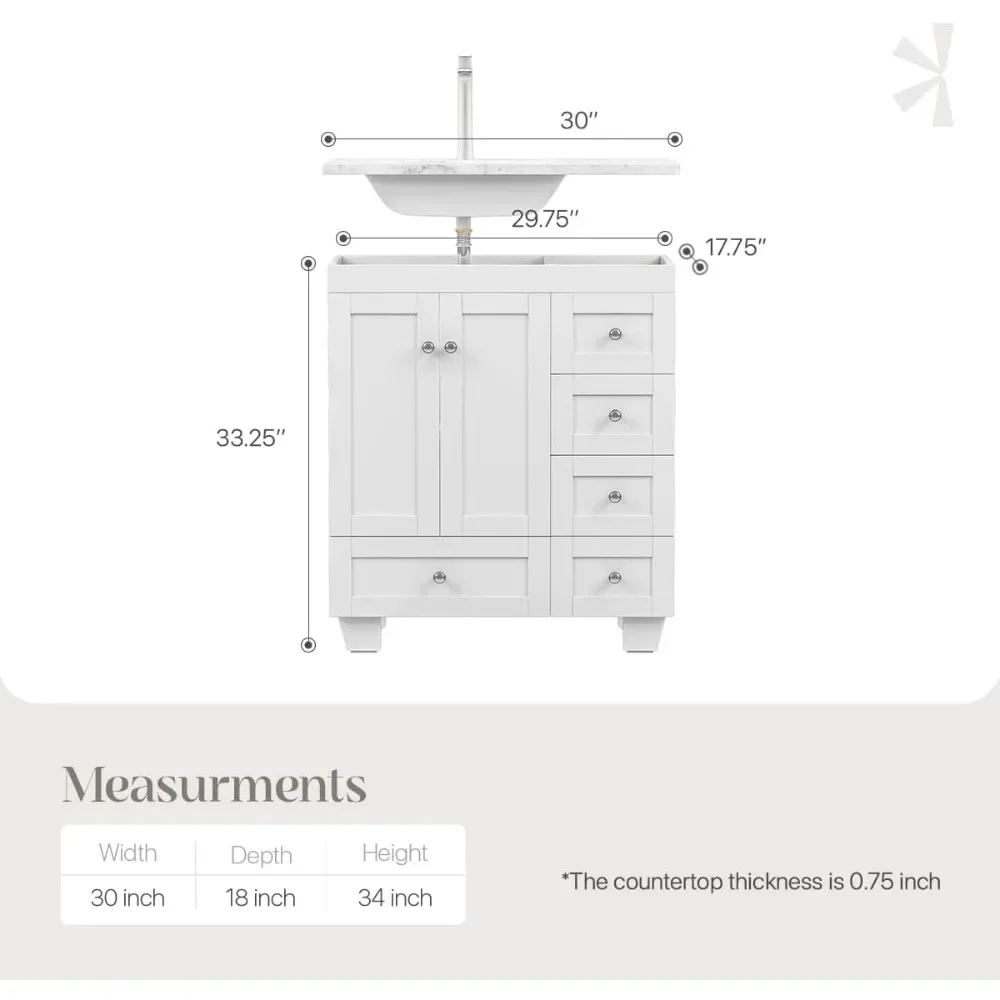 Happy Bathroom Vanity - 30” White Bathroom Vanities With Carrara Quartz Countertop - Bathroom Vanities And Undermount Porcelain