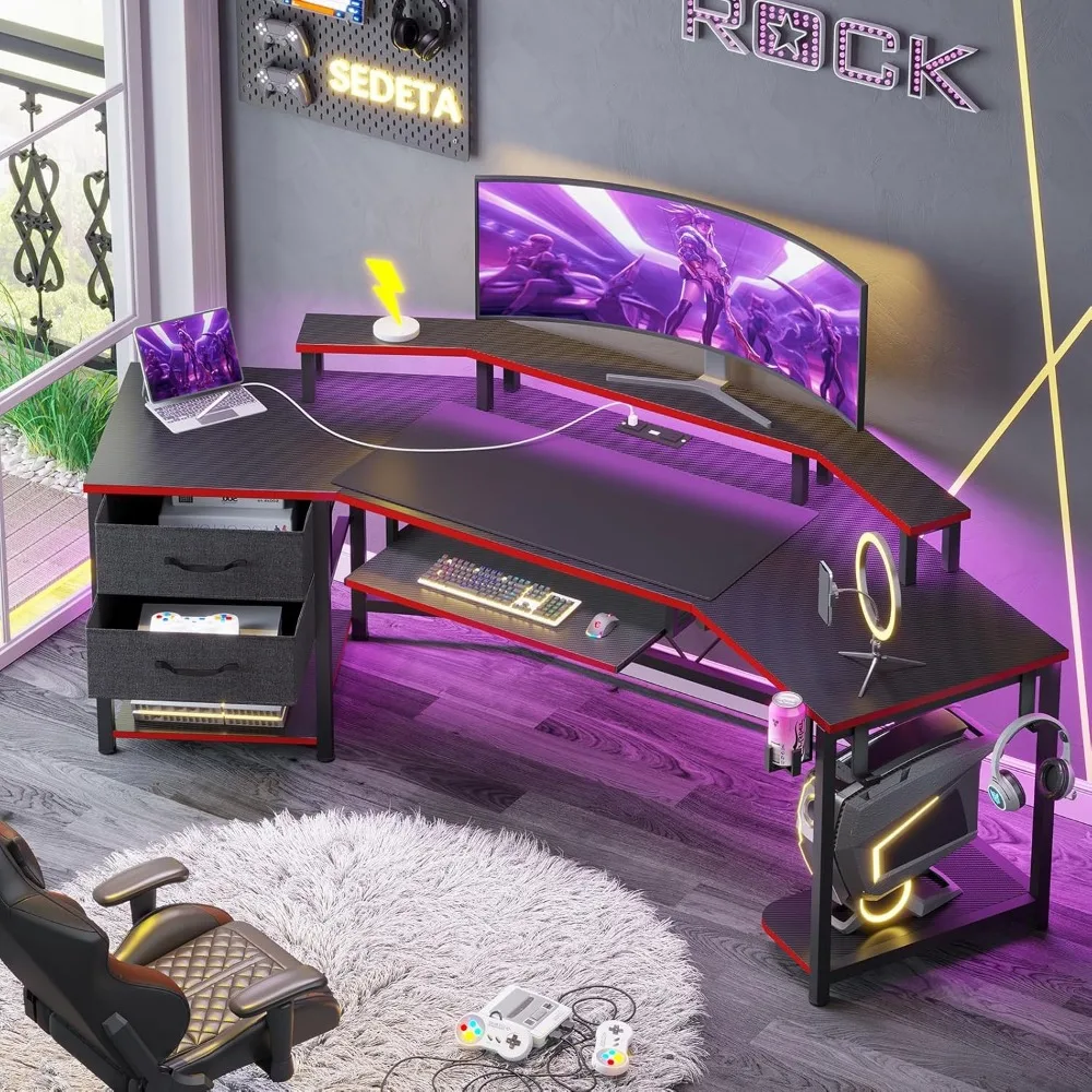 Gaming Desk, Computer Desk with 2 Fabric Drawers & LED Light, L Shaped Gaming Desk with Storage Shelf for Home, Customized — Gaming