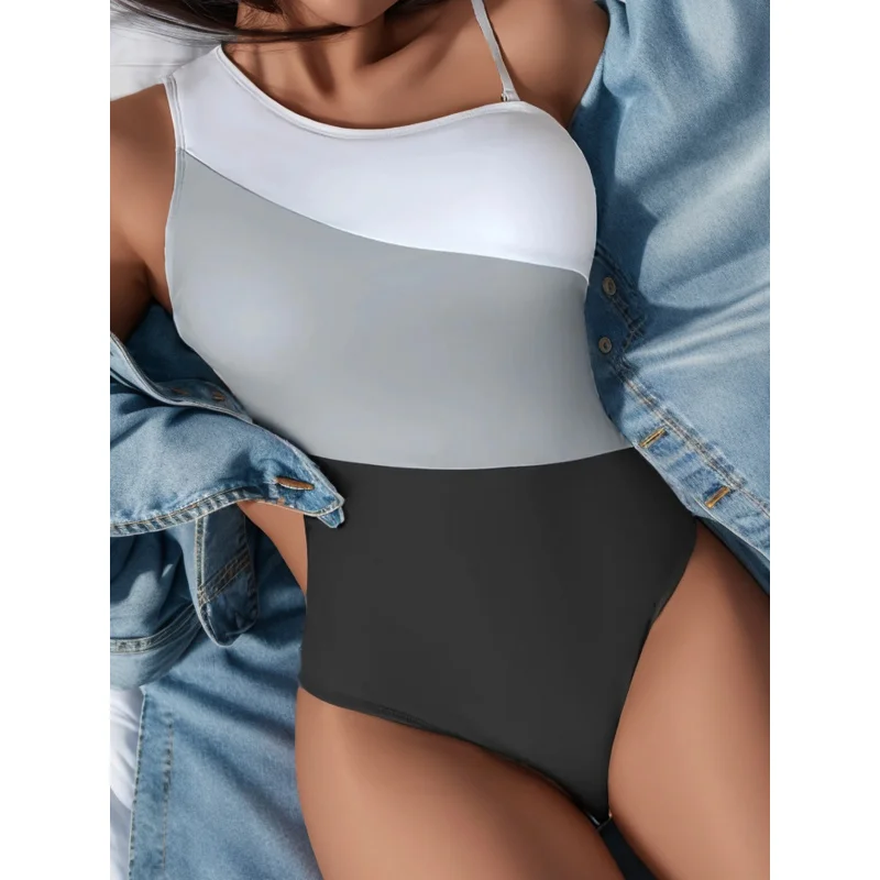 New Color-Block High-Waist Sexy Bikini One-Piece Swimsuit Women's Wholesale