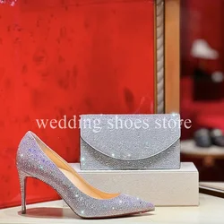 Rhinestone High Heels Leather Stiletto Women Sexy Pointy High-heeled Wedding Shoes Fashion New Luxury Party Prom Shoes Bags