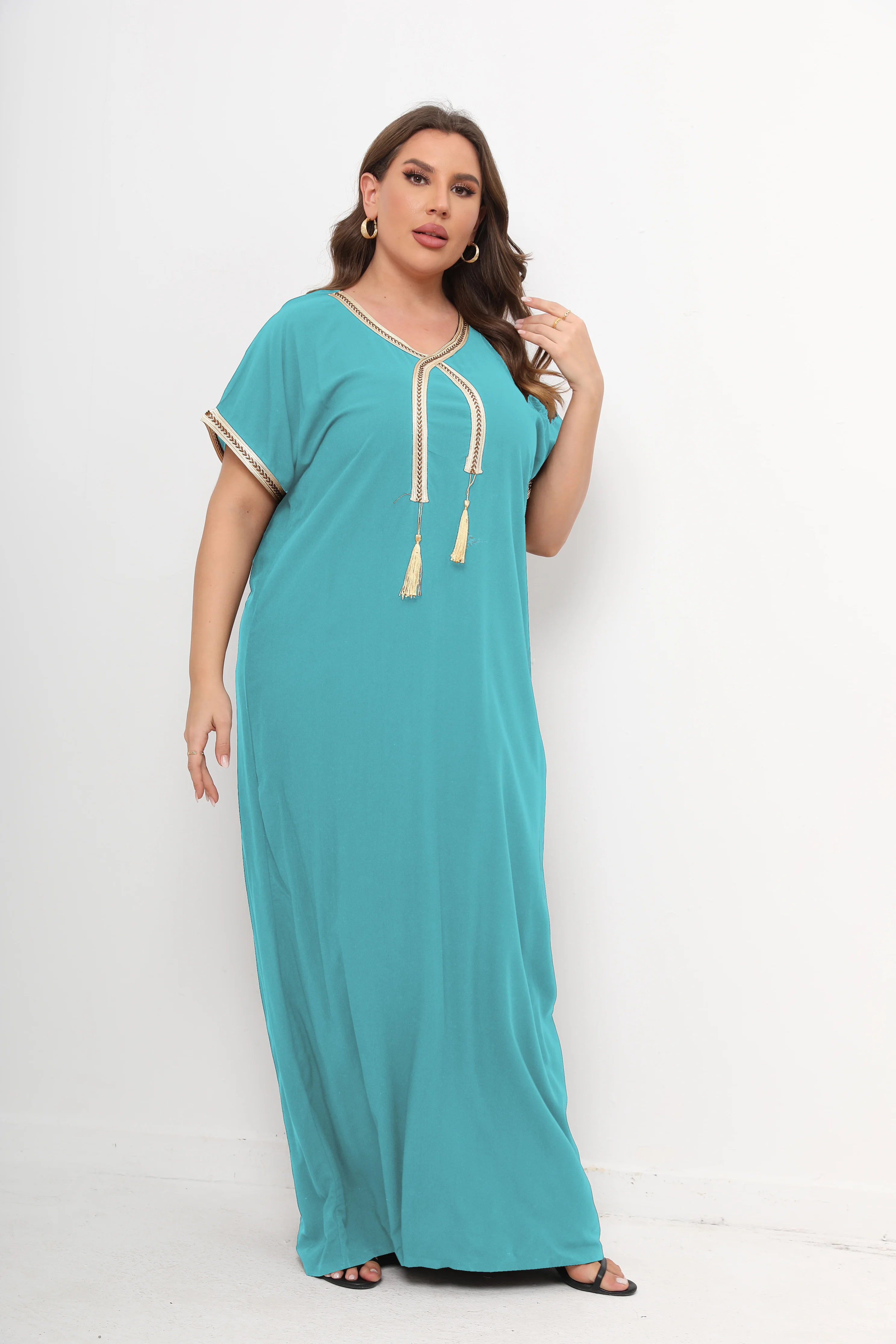 

New Style African Abayas Plus Size Moroccan For Women 100% Cotton O-neck Jilbab Kaftan Loose Dress Short Sleeves Cover up