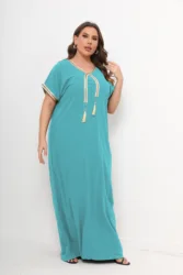 New Style African Abayas  Plus Size Moroccan For Women 100% Cotton O-neck Jilbab Kaftan Loose Dress Short Sleeves  Cover up