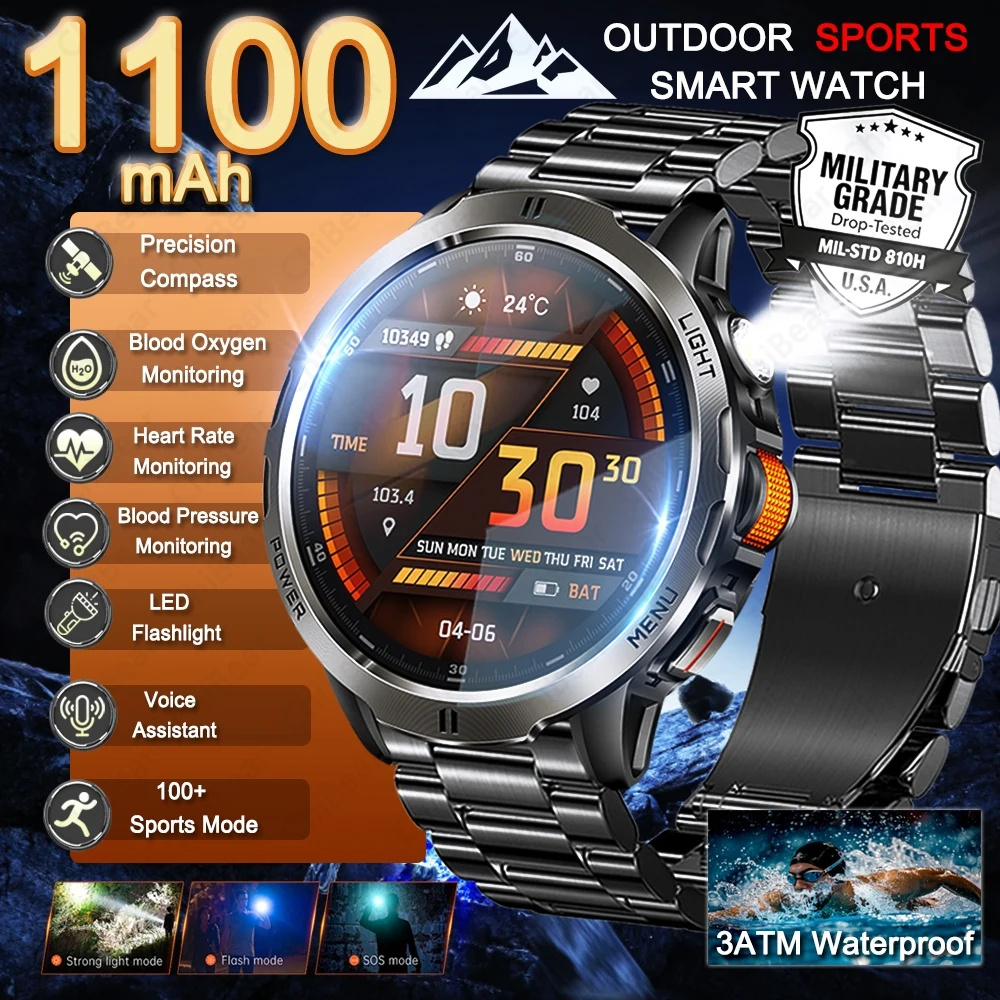 2026New Military 1100mAh Battery Smart Watch Men 3ATM Waterproof Compass LED Flashlight 1.7-inch AMOLED HD Display Smart Watch