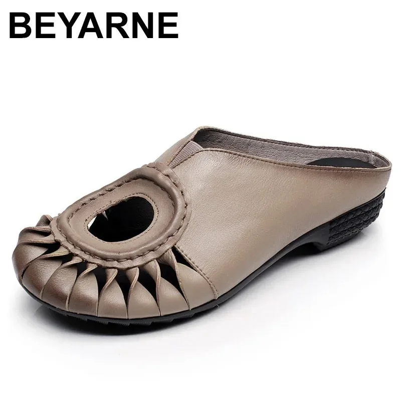 

BEYARNE New Slippers Genuine Leather Shoes Handmade Slides Flip Flop Cut Out Women Slipper