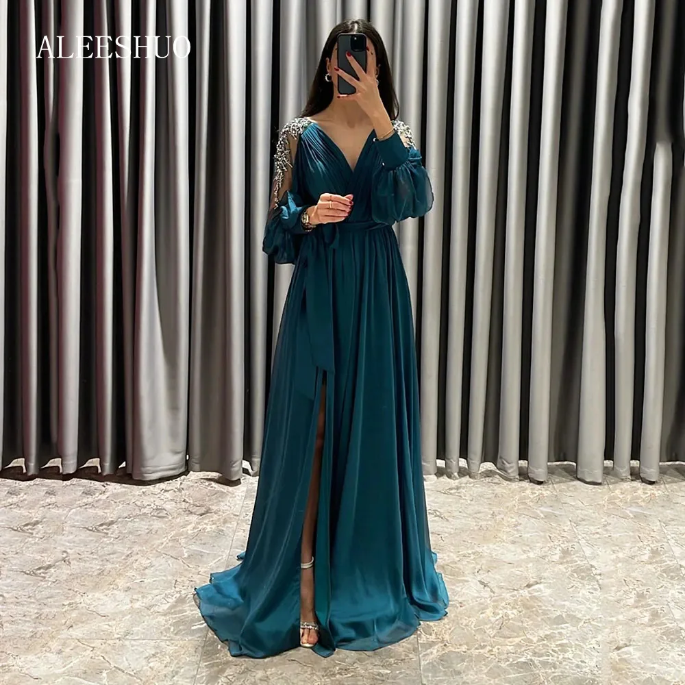 Aleeshuo gaun pesta Prom, gaun malam Formal leher V lengan panjang sifon manik-manik hijau