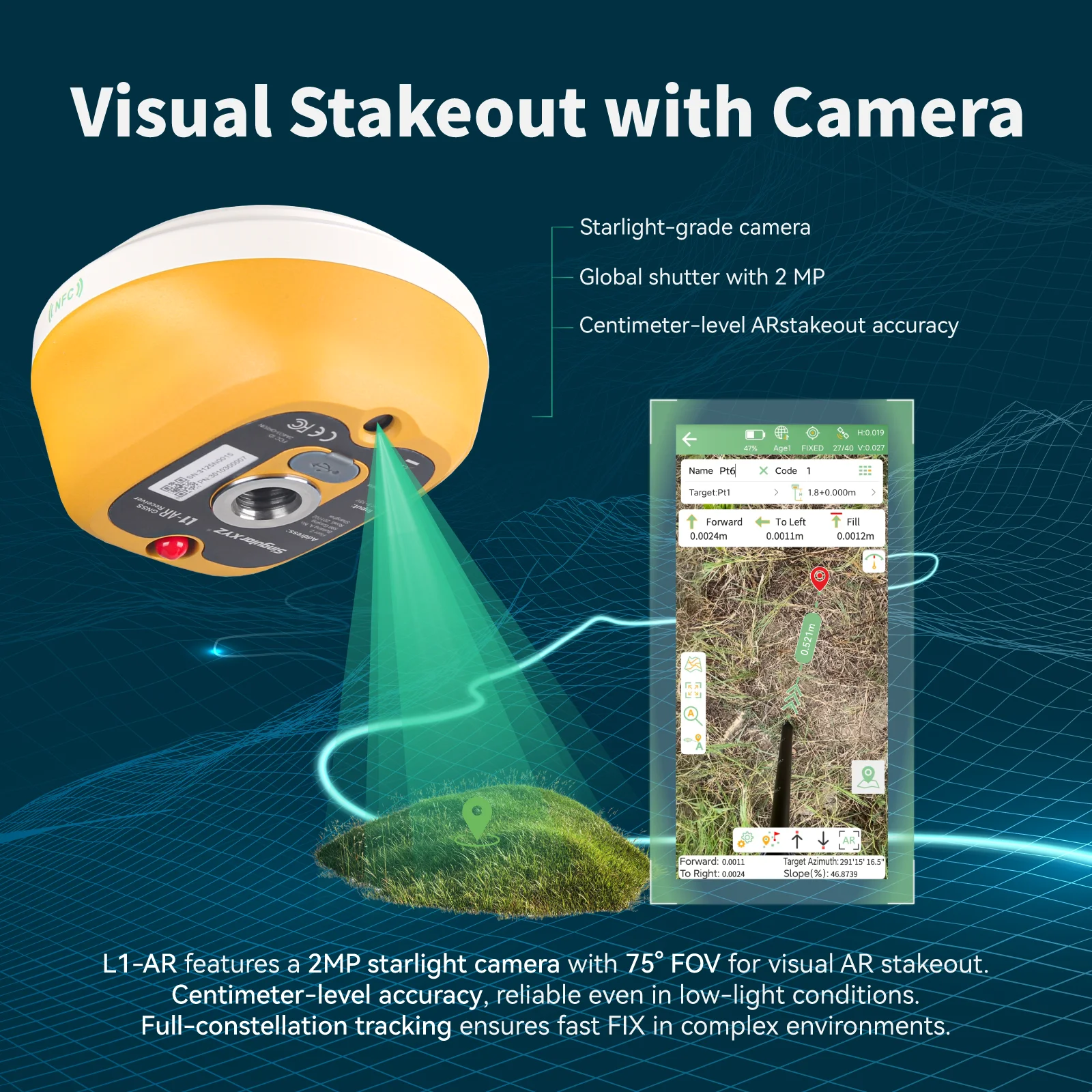 SingularXYZ L1 AR GNSS RTK Receiver Cm Accuracy AR Stakeout 1408 Channels GNSS Receiver For Surveying Construction Mapping