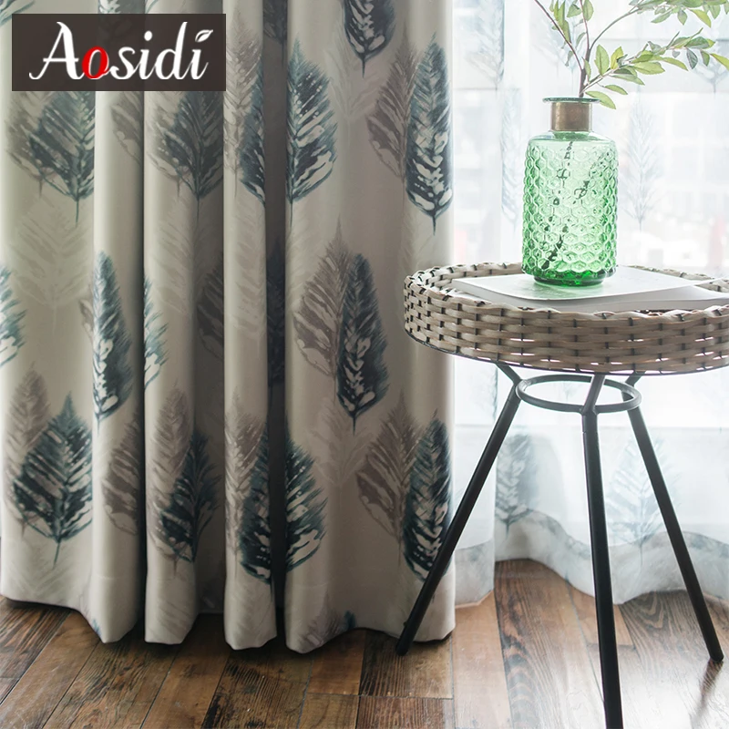 Modern Blackout Curtains For Living Room Bedroom Tulles Curtains For Windows Green Feather Printed Curtains Cortina Para Sala