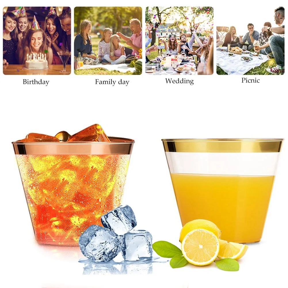 Golden Plastic Cups 9 Oz Disposable Cup Plastic Wine Glass Party Cups Transparent Plastic Cup for Parties