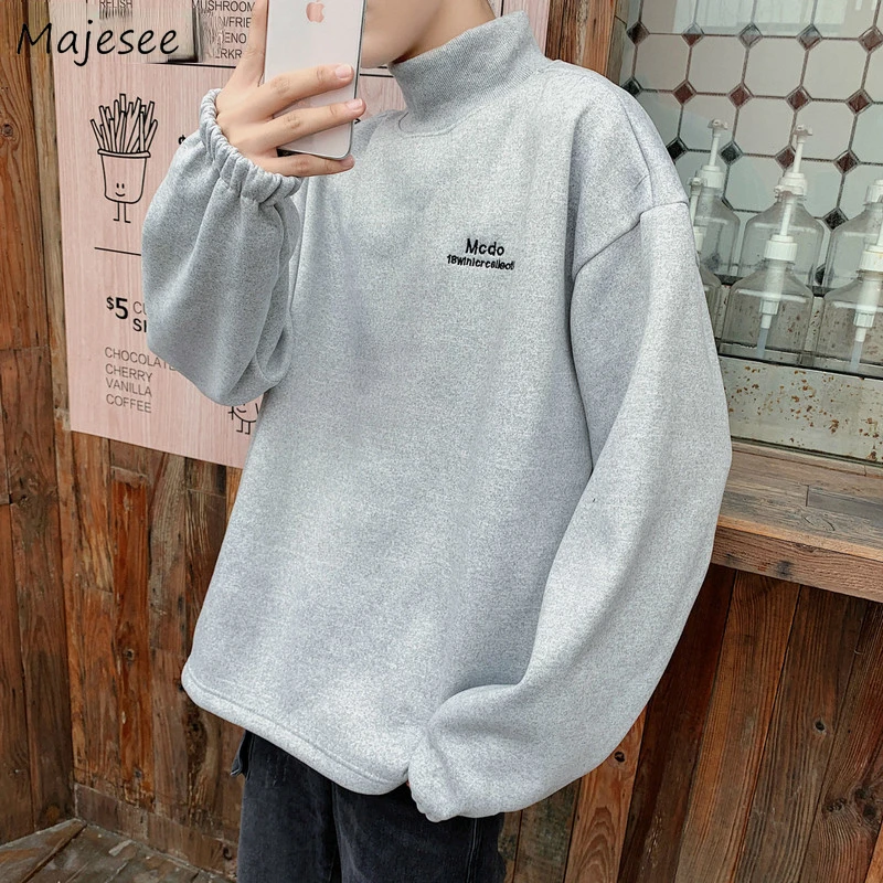 

Hoodie Men Turtleneck Letter Thicker Warm All Match Ulzzang Males Novelty Outwear Harajuku Mens Hoodies Black Pullover Clothes