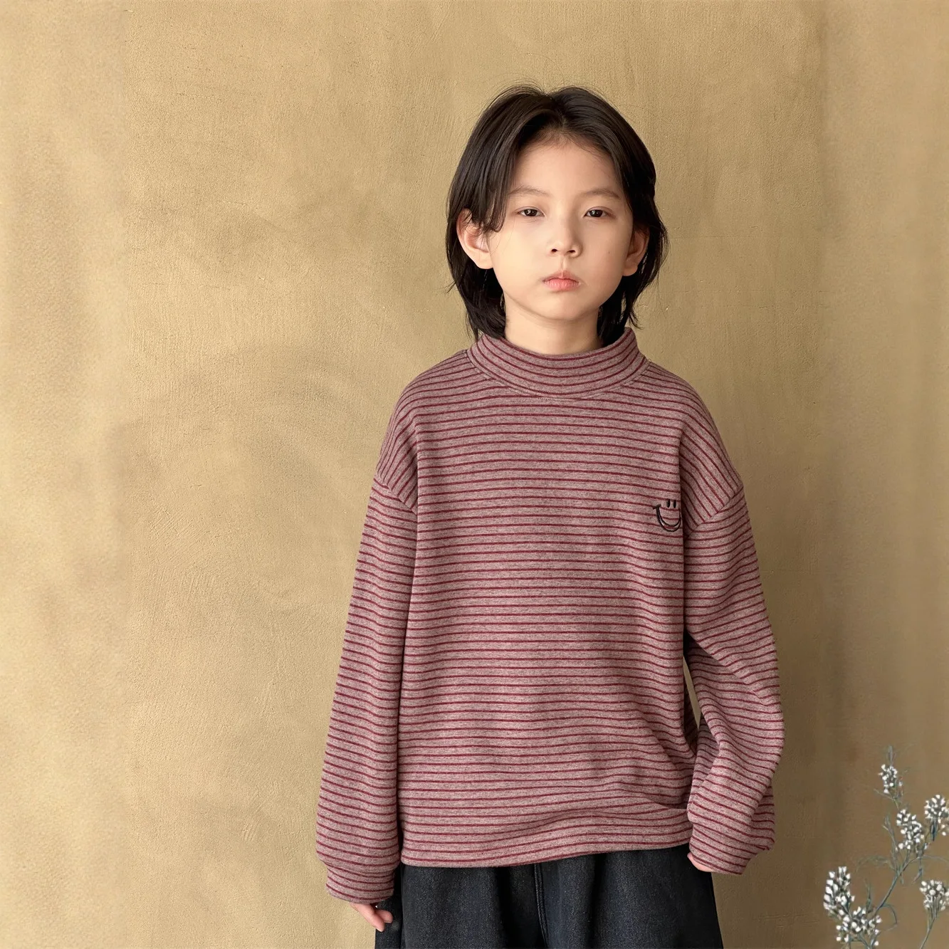 Children's Striped Semi High Neck with Velvet Base Shirt Embroidered Warm Top for Boys and Girls 2025 Winter New Korean Version