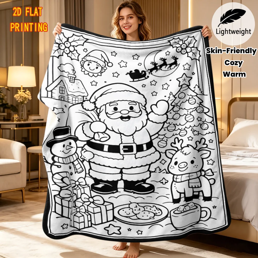 Hand Drawing DIY blanket Christmas Doodle Holiday Element Line Art Blanket Washable Flannel Throw Hobby Gift for Art Lovers