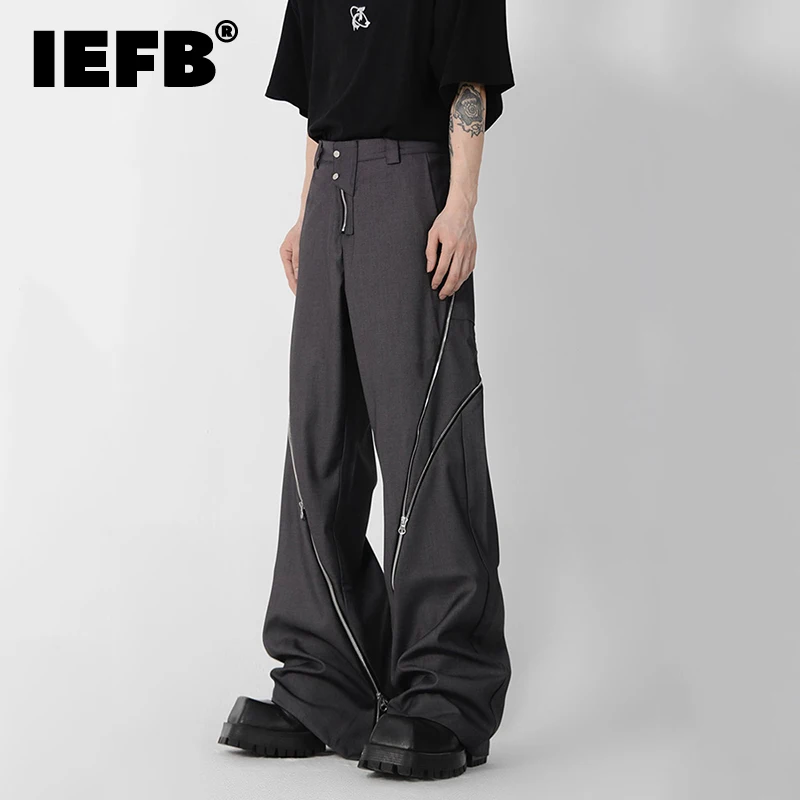 IEFB Niche Design Zipper Slit Men Trousers Straight Tube Casual Pants 2023 Wide Leg Darkwear Solid Color Male Fashion 9A5414