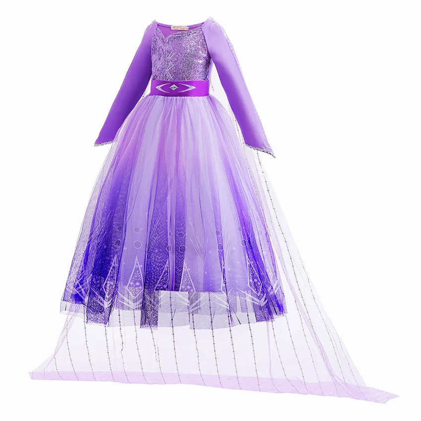 Frozen Cartoon Movie Elsa in Castle Purple Ball Gown with Long Train Princes Snow Queen Elsa Dress for Girls Role Play Halloween