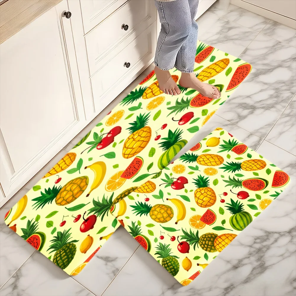 3PCS Mat Set,Home Decoration for Front Door,Kitchen,Pineapple Banana Watermelon Cherry Orange Mango Leaf Pattern Kitchen Rug.